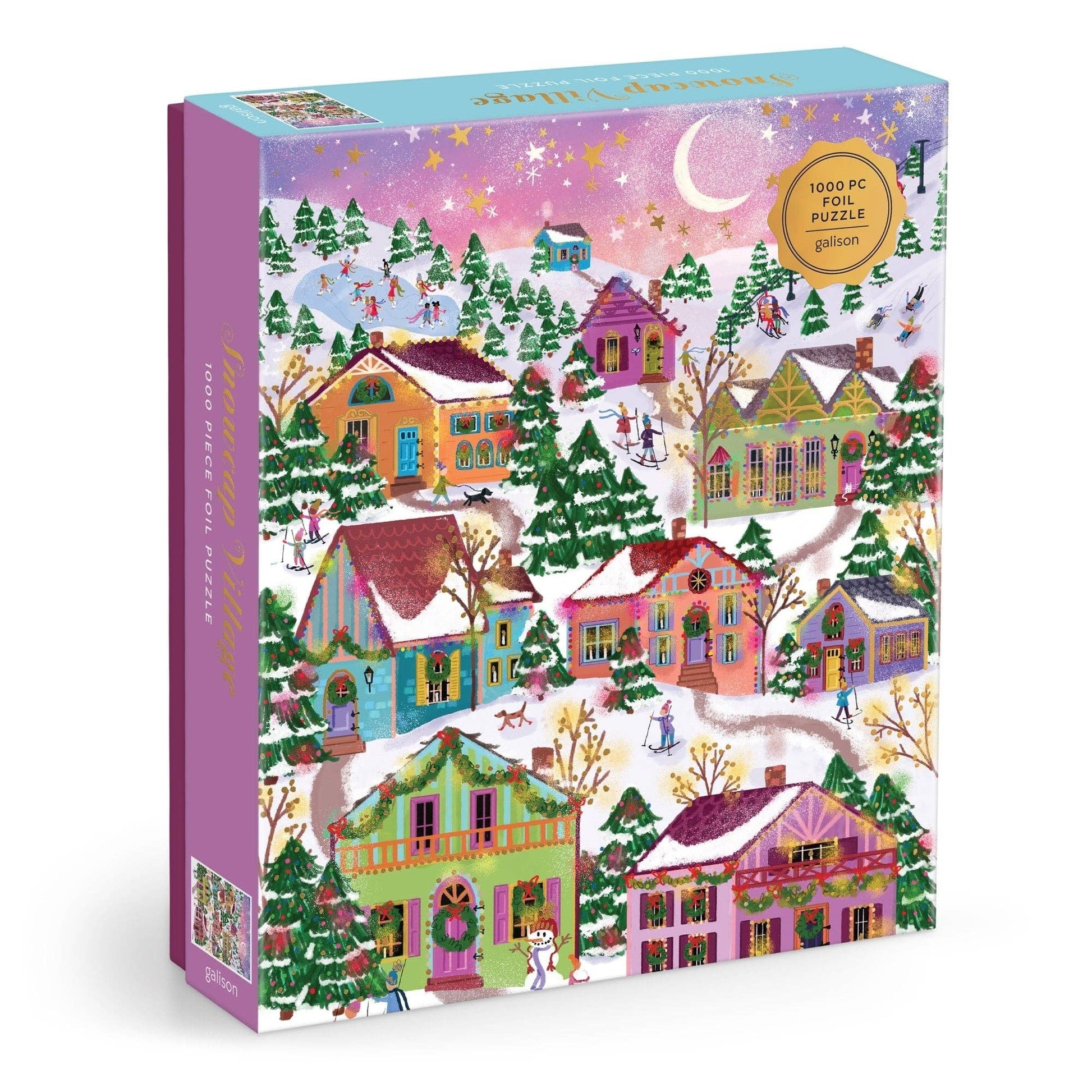 Snowcap Village Gold Foil Holiday Puzzle by Joy Laforme
